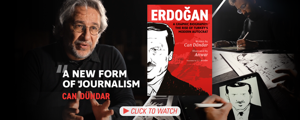 Collage of stills taken from the linked video. Can Dündar gestures with his hands while speaking, and Anwar illustrates a portrait of Recep Tayyip Erdoğan on an iPad. Overlaid near the centre is the book cover of their graphic novel, titled "Erdoğan: A Graphic History," next to a pull quote credit to Dündar, which reads "A new form of journalism." Below is a play button with text reading "click to watch."